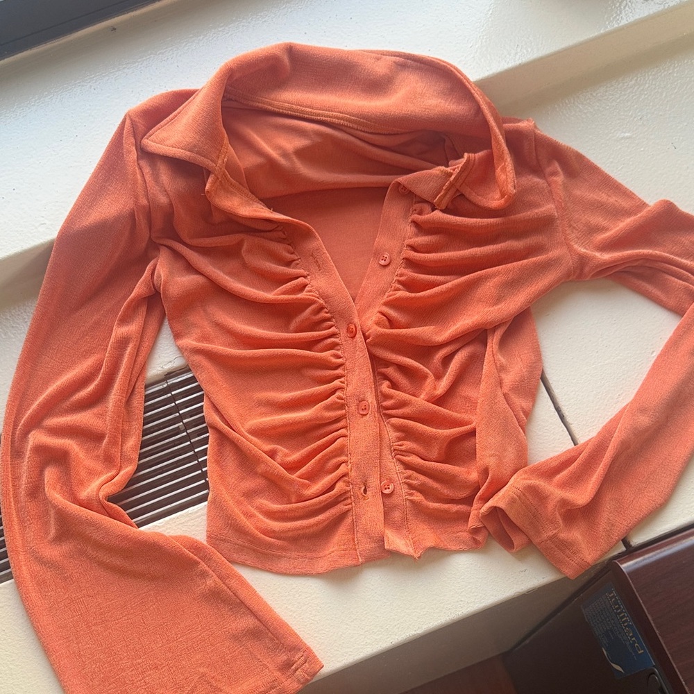 Orange Ruched Button-Up Top